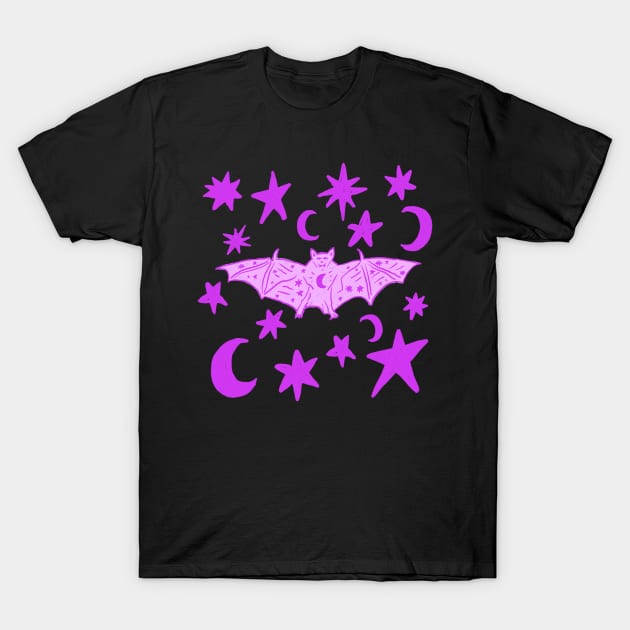 Creepy Cute Vampire Bat with Stars and Moons, Magenta T-Shirt by DaydreamerAlley